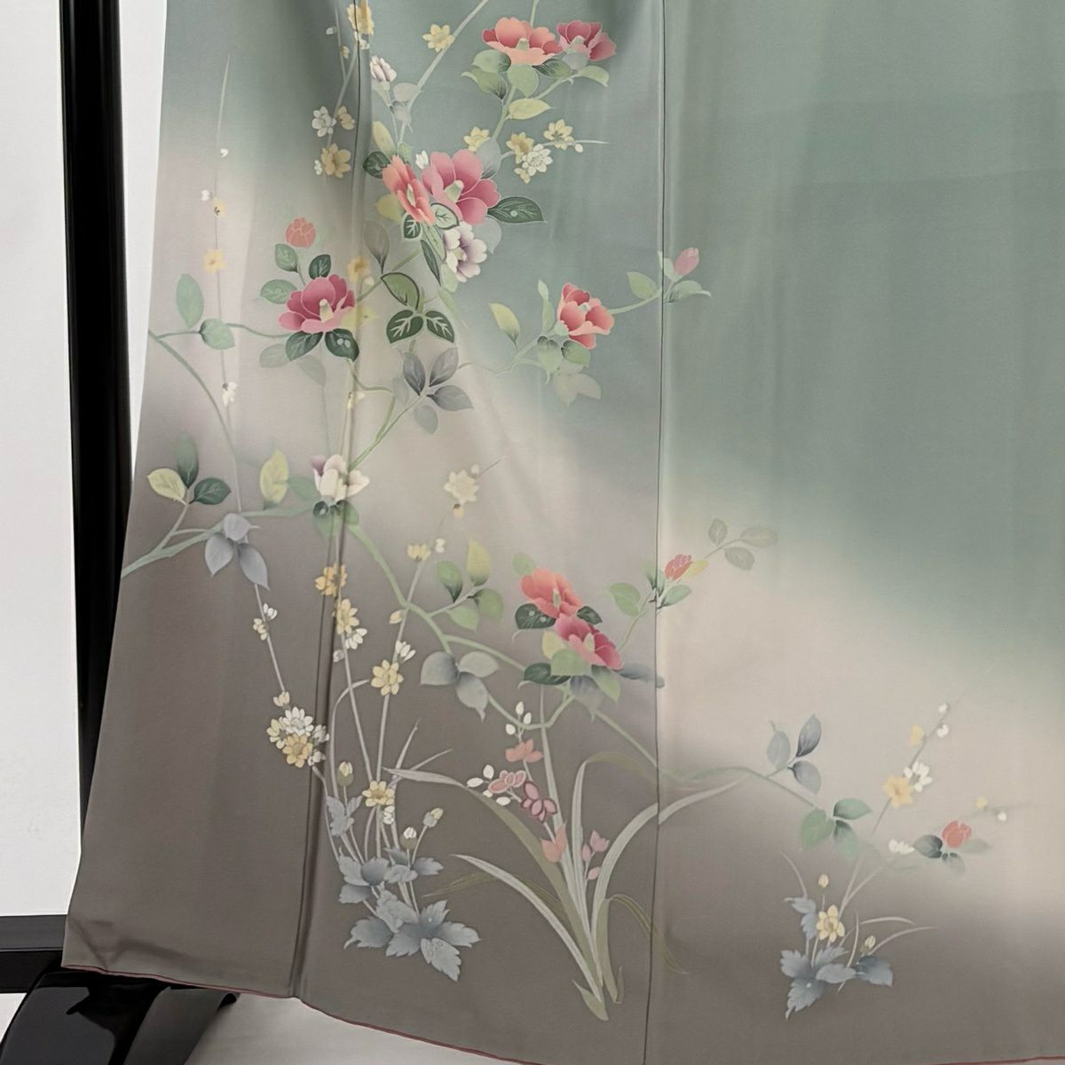 訪問服 身長164.5cm 袖長67.5cm L 雙層 落款有 椿 枝花 染分 漸層 灰綠 純蠶絲 優品級