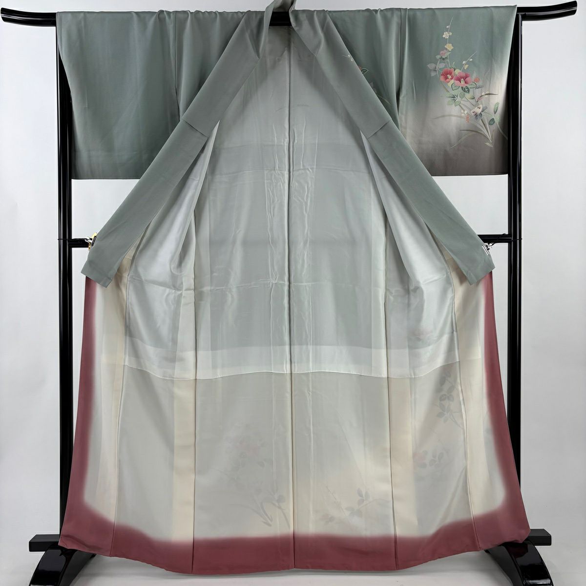 訪問服 身長164.5cm 袖長67.5cm L 雙層 落款有 椿 枝花 染分 漸層 灰綠 純蠶絲 優品級