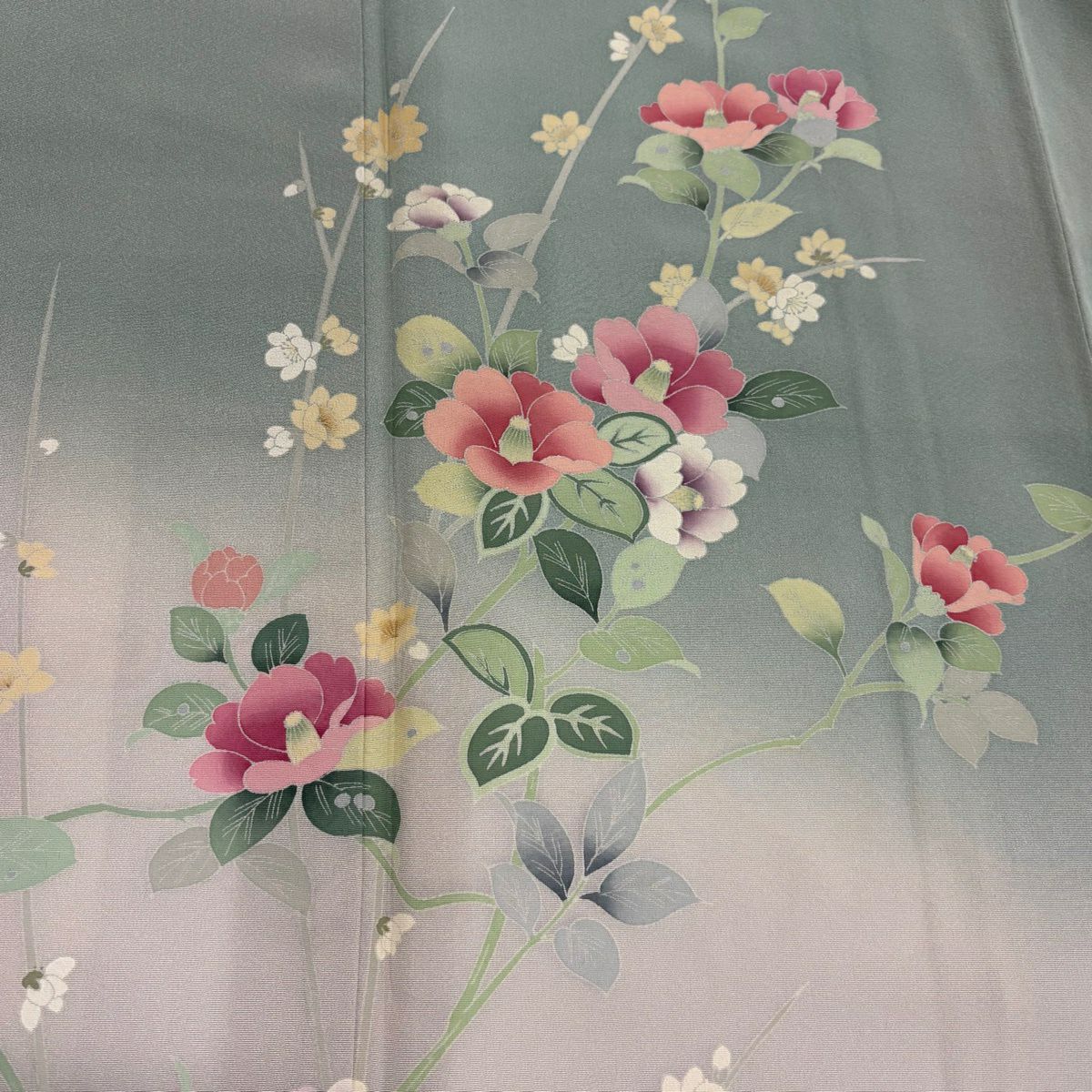 訪問服 身長164.5cm 袖長67.5cm L 雙層 落款有 椿 枝花 染分 漸層 灰綠 純蠶絲 優品級
