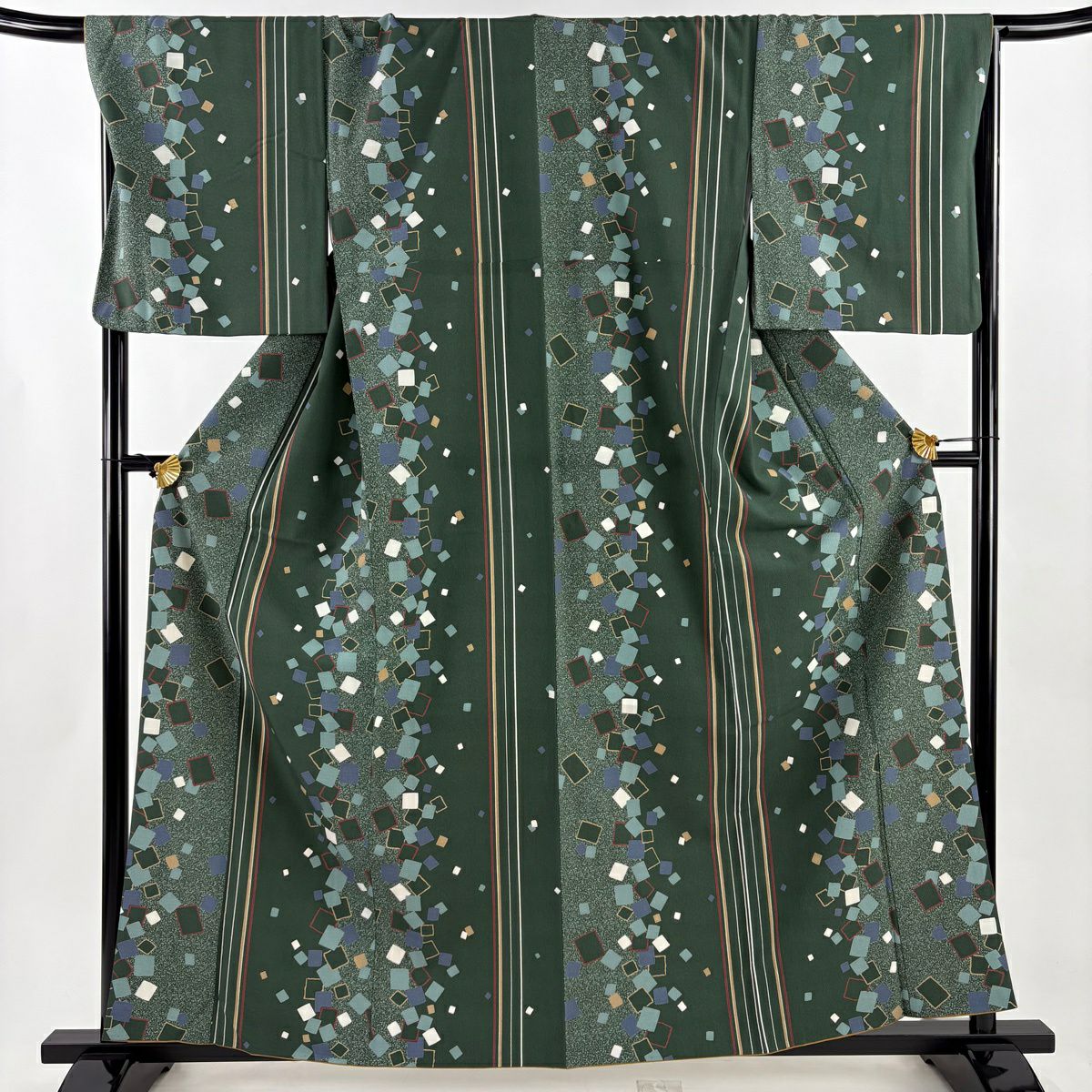 【美品】 小紋 身長160cm 袖長69cm L 雙層 縱條 幾何圖案 灰綠 化纖 秀品級
