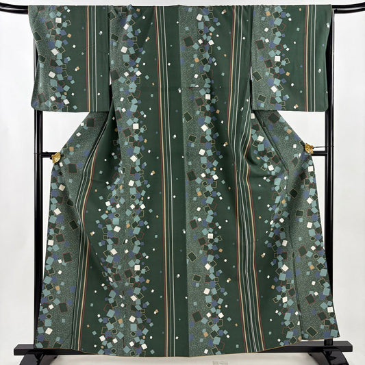 【美品】 小紋 身長160cm 袖長69cm L 雙層 縱條 幾何圖案 灰綠 化纖 秀品級