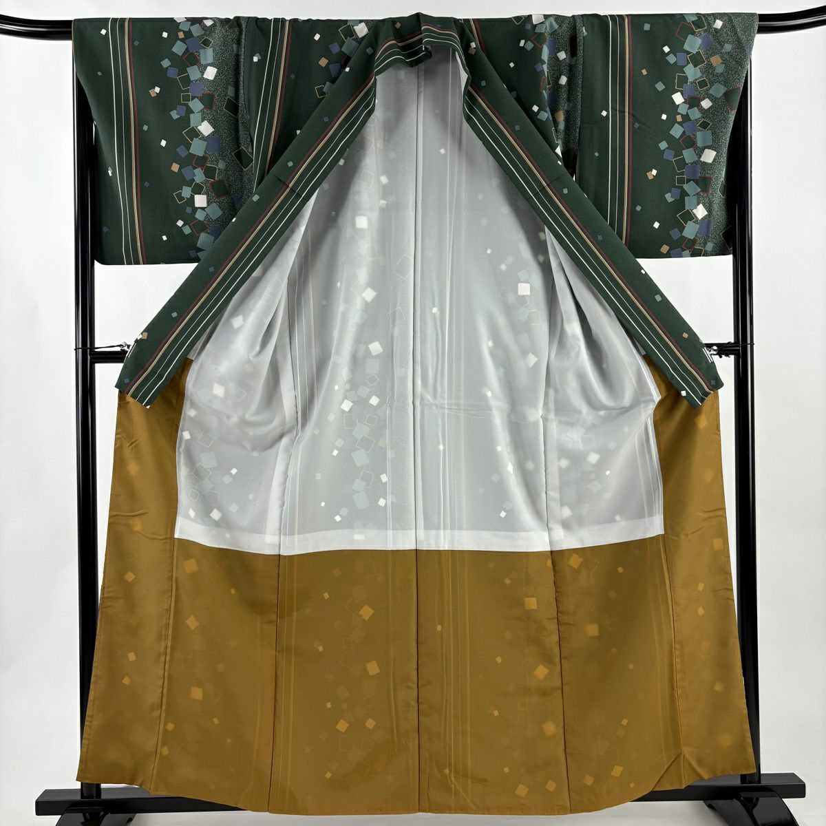 【美品】 小紋 身長160cm 袖長69cm L 雙層 縱條 幾何圖案 灰綠 化纖 秀品級