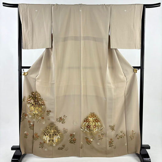 留袖禮服禮服 身長167cm 袖長66cm M 雙層 向鳥 草花紋紋 金絲 金銀彩 米色 純蠶絲 秀品級 三個紋
