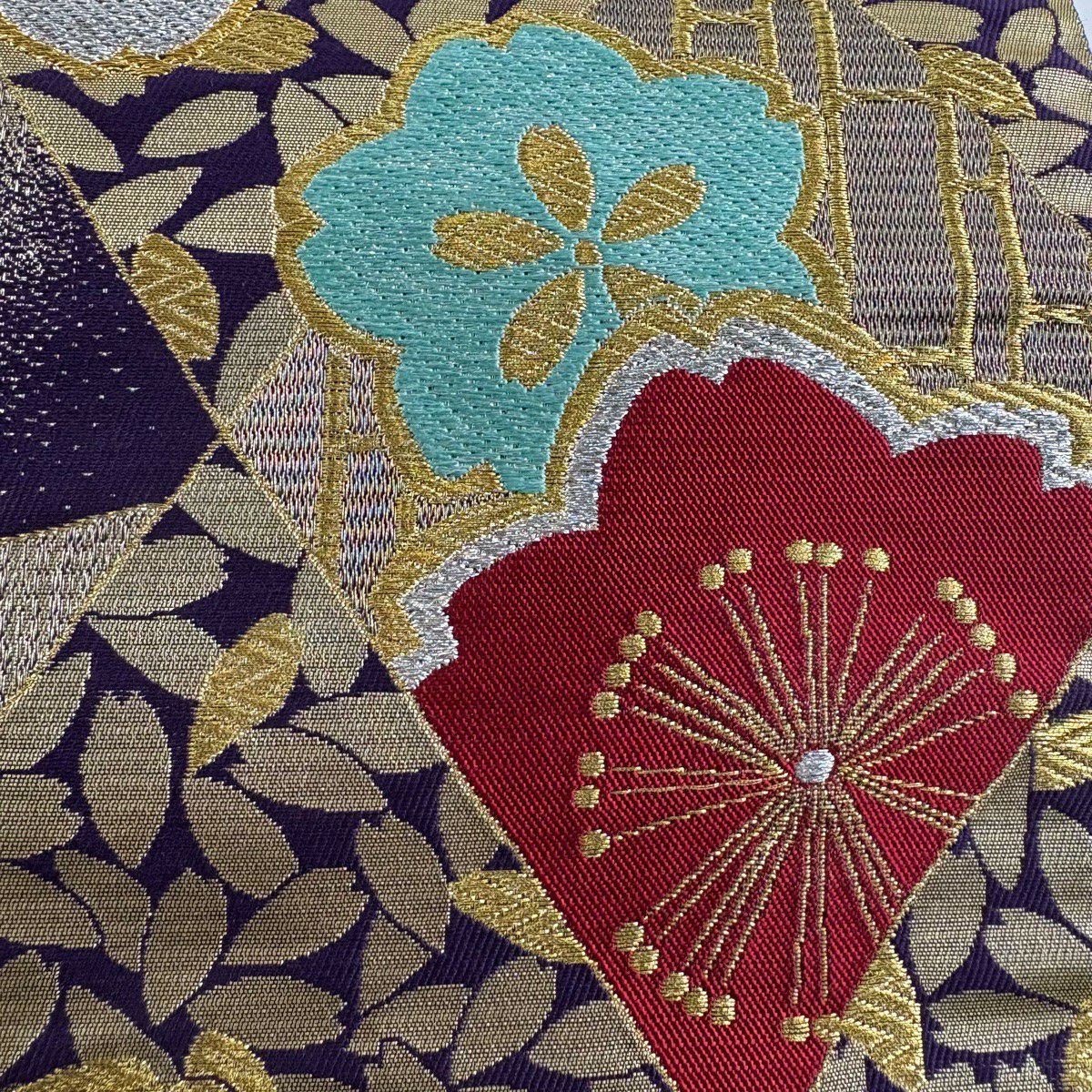 袋帶 秀品級櫻花花瓣 金銀絲 金金箔 紫色 六通 純蠶絲