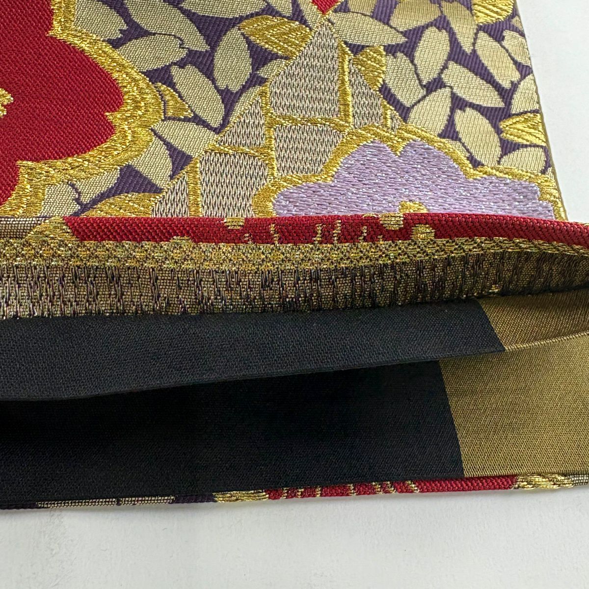 袋帶 秀品級櫻花花瓣 金銀絲 金金箔 紫色 六通 純蠶絲