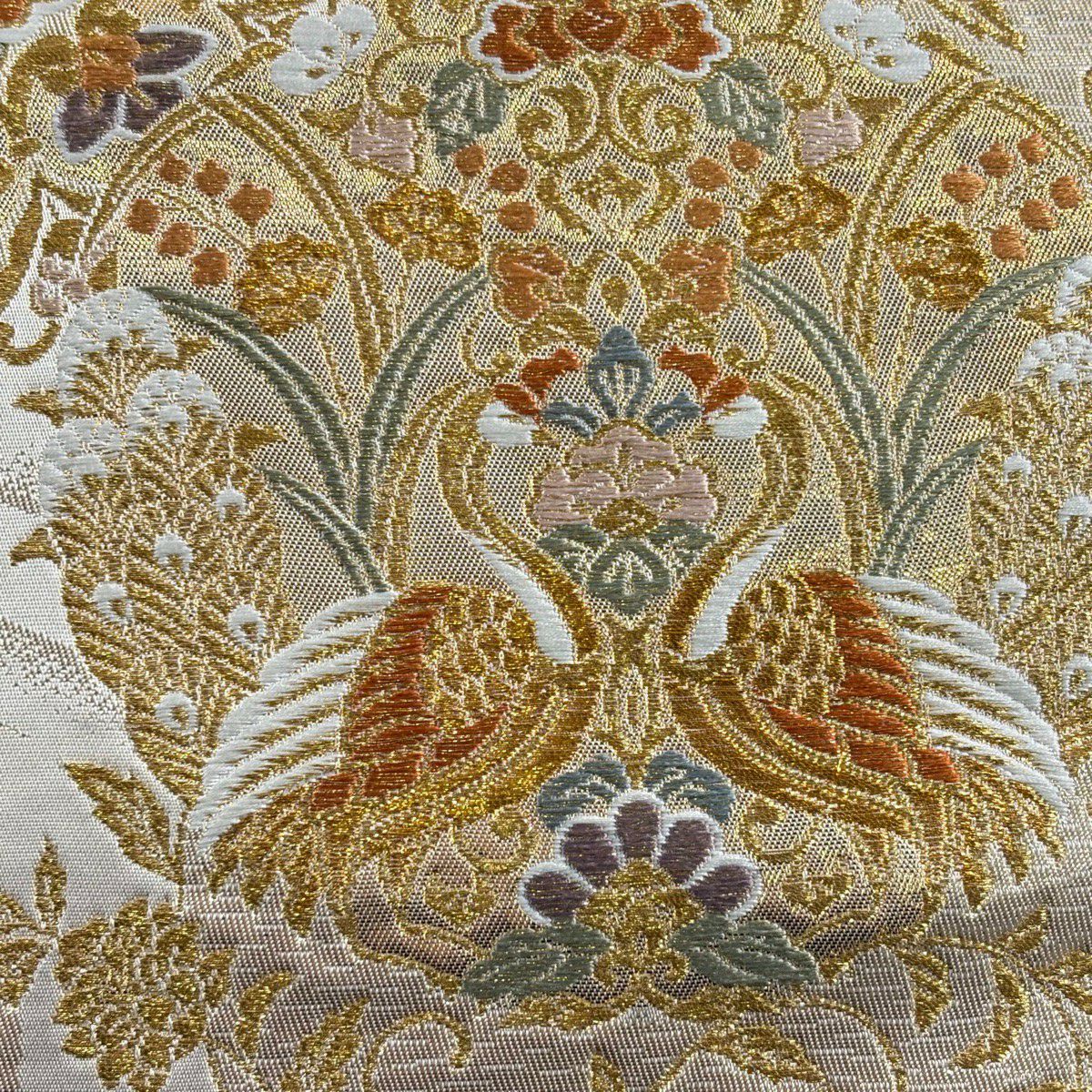 袋帶 秀品級 向鳥 華紋 金絲 金金箔 米色 六通 純蠶絲