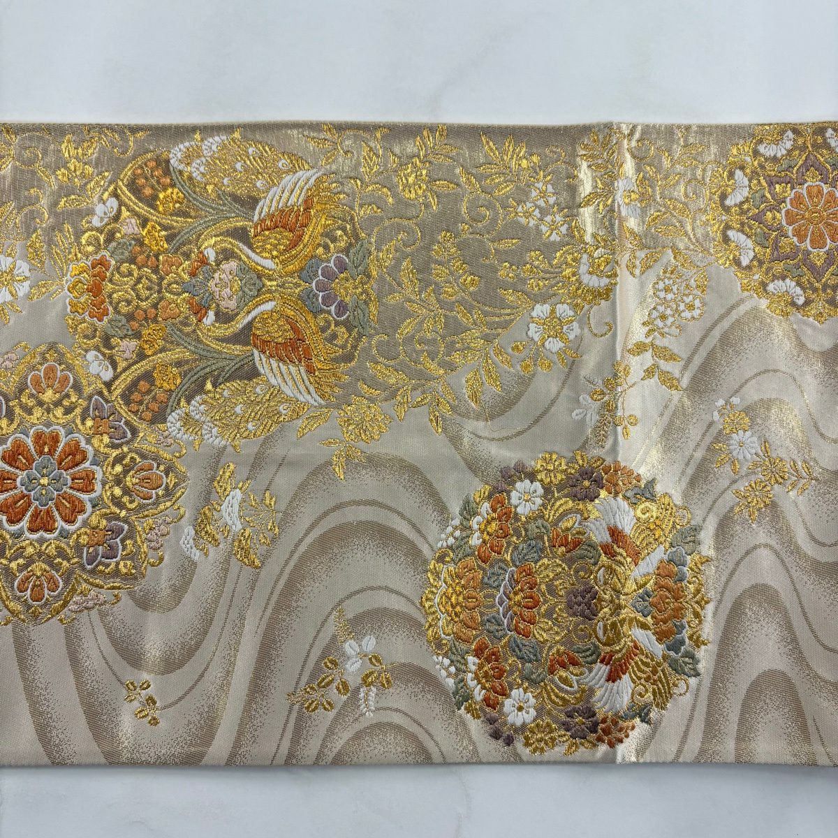 袋帶 秀品級 向鳥 華紋 金絲 金金箔 米色 六通 純蠶絲