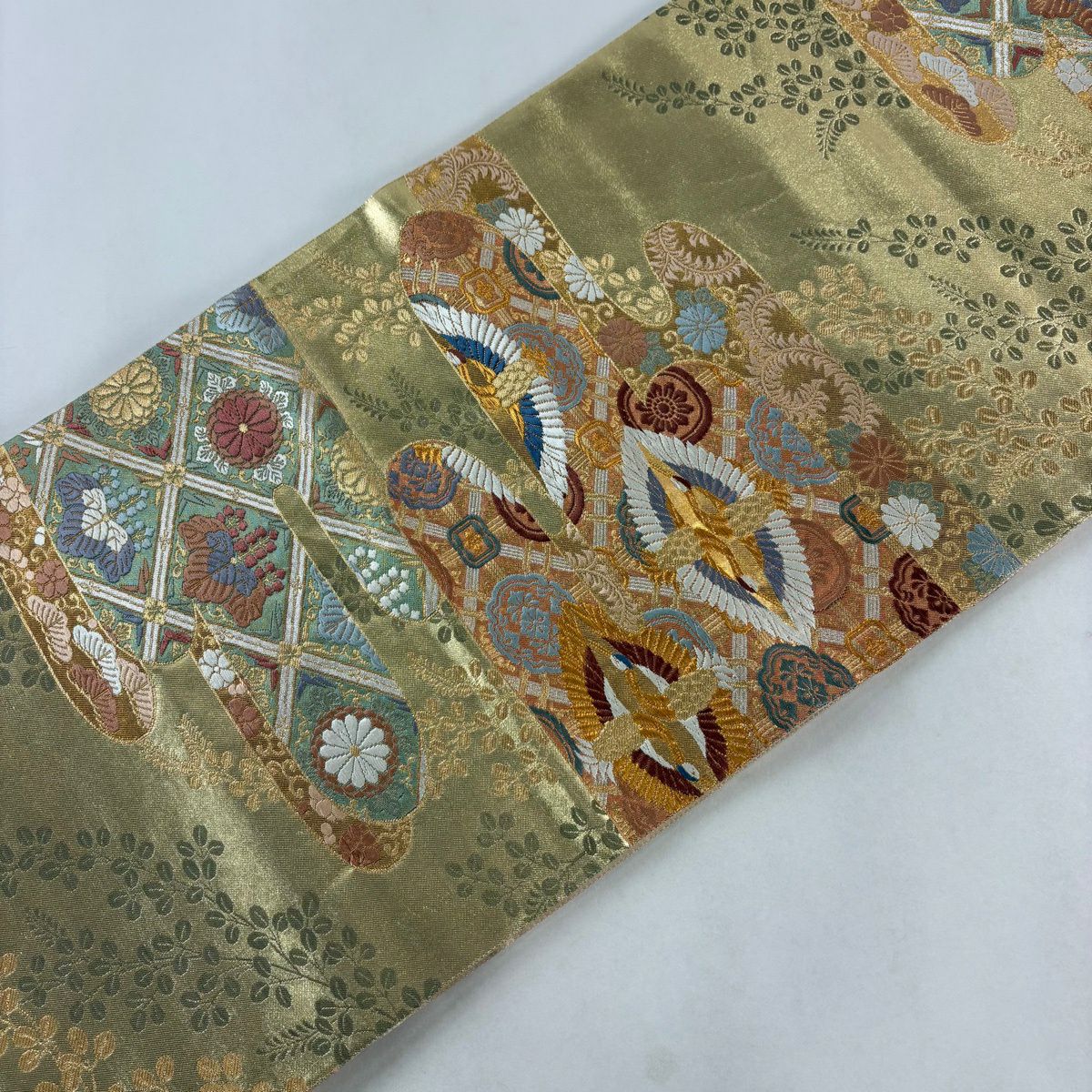 【美品】 袋帶 秀品級 向仙鶴 ヱ霞 金銀彩 金色 六通 純蠶絲