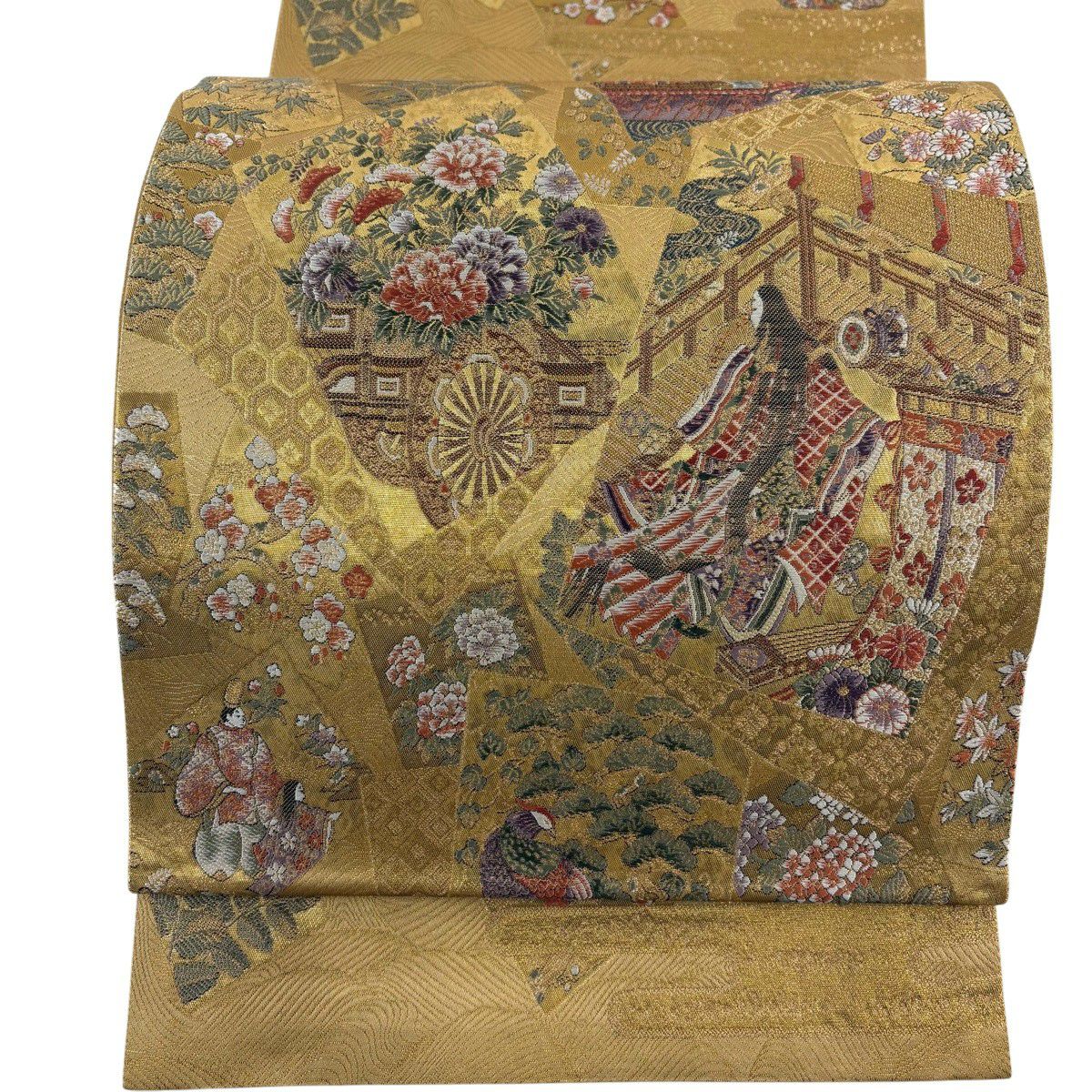 【美品】 袋帶 秀品級 姫 花車 金絲 金金箔 黃土色 六通 純蠶絲