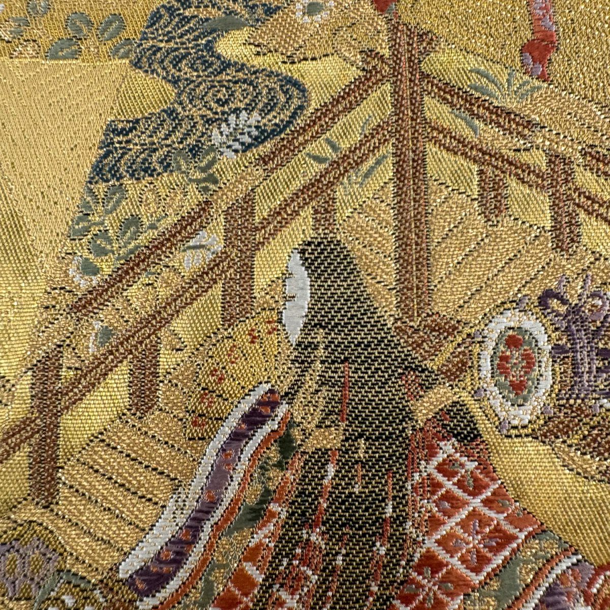【美品】 袋帶 秀品級 姫 花車 金絲 金金箔 黃土色 六通 純蠶絲