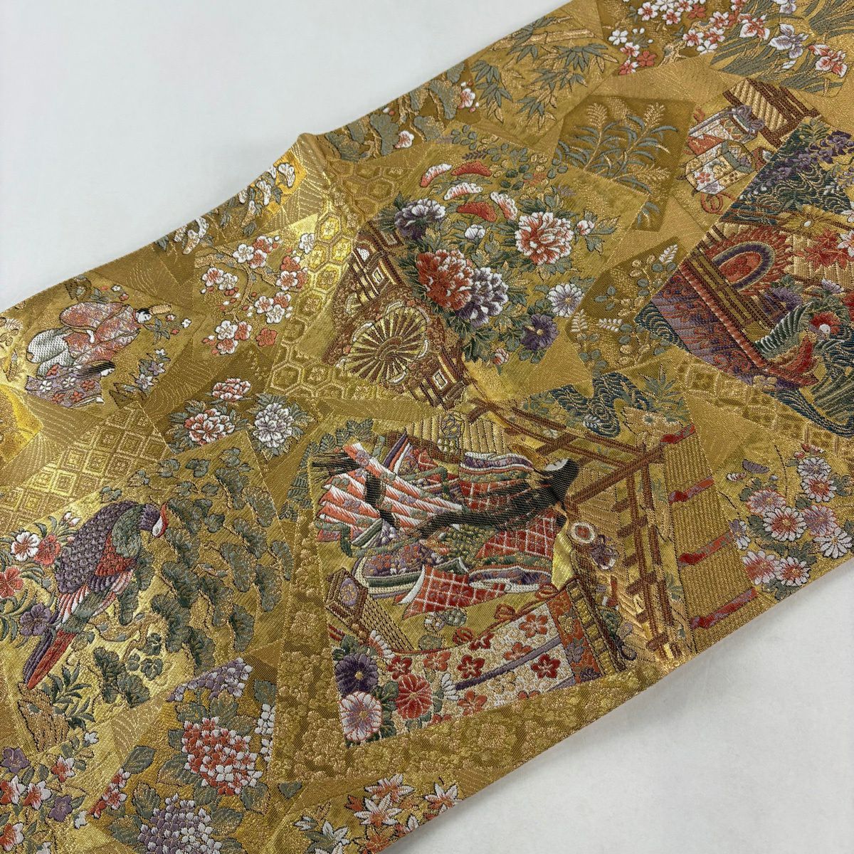 【美品】 袋帶 秀品級 姫 花車 金絲 金金箔 黃土色 六通 純蠶絲