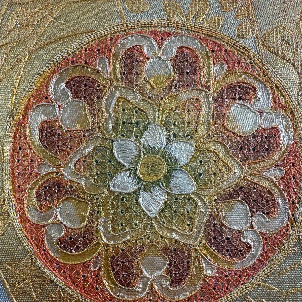 【美品】 袋帶 秀品級 華紋 鳥 刺繡 金銀彩 青灰 純蠶絲
