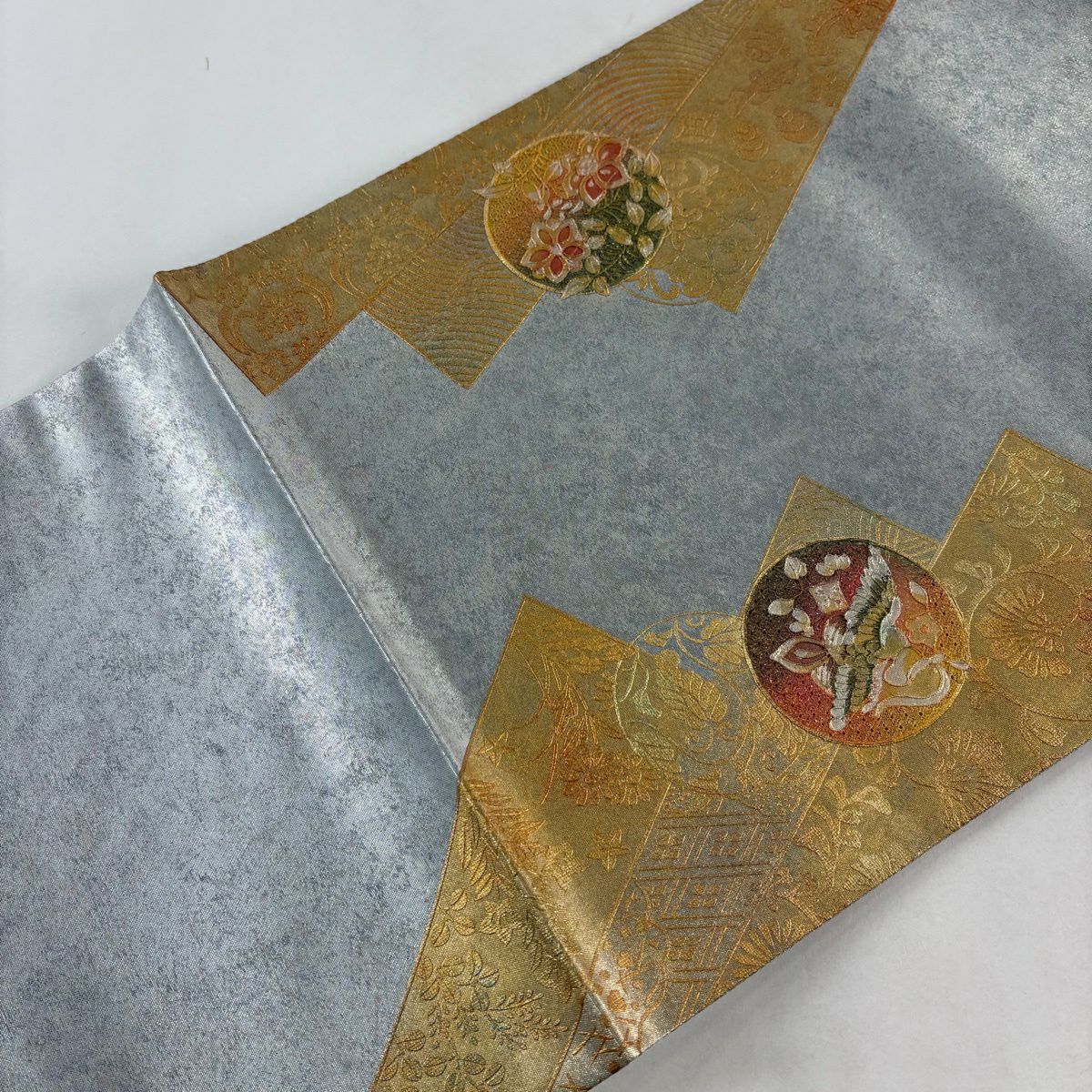 【美品】 袋帶 秀品級 華紋 鳥 刺繡 金銀彩 青灰 純蠶絲
