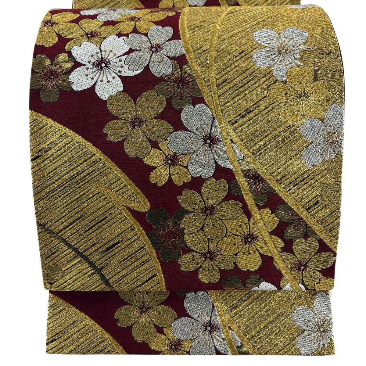 【美品】 袋帶 秀品級 振袖禮服禮服用 櫻花 斜條紋 金銀彩 金金箔 深紅色 六通 純蠶絲