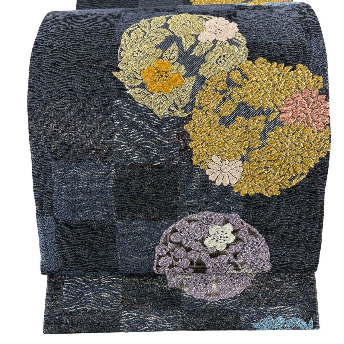 【美品】 袋帶 秀品級 花丸紋 市松樹 金銀線 金金箔 青紫 六通 純蠶絲