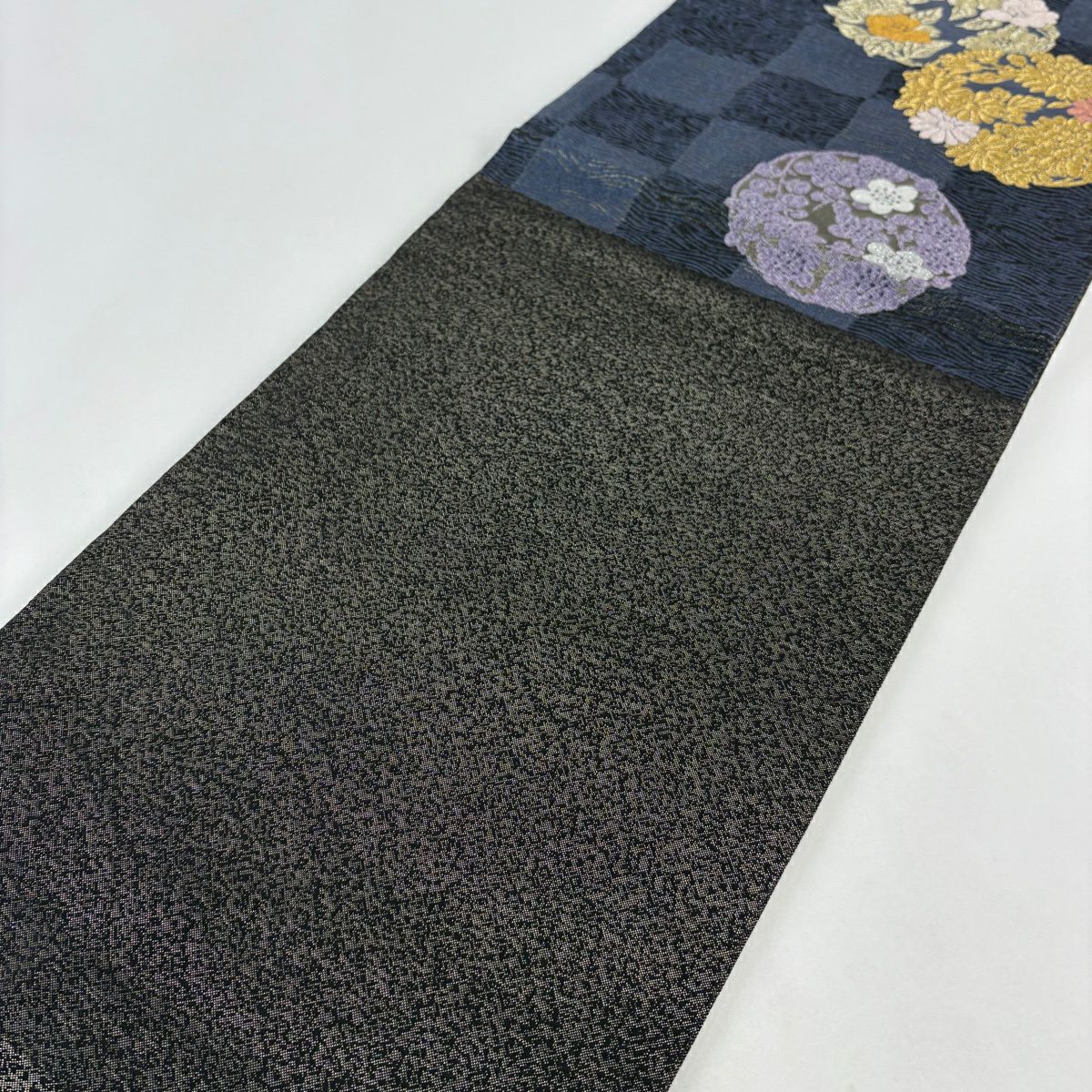 【美品】 袋帶 秀品級 花丸紋 市松樹 金銀線 金金箔 青紫 六通 純蠶絲