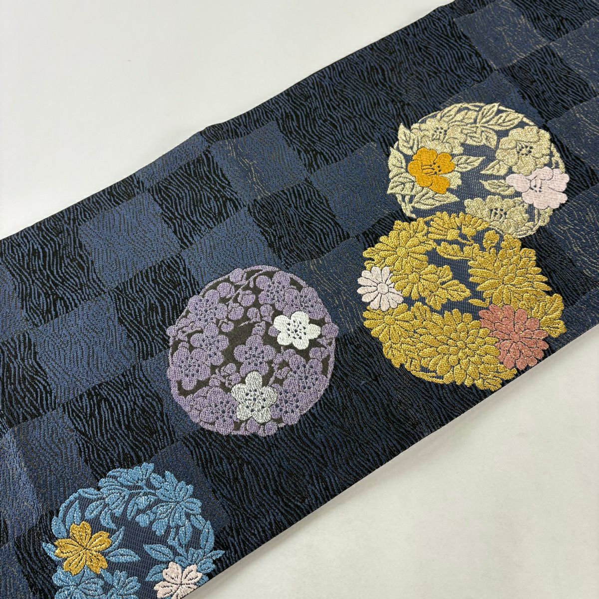 【美品】 袋帶 秀品級 花丸紋 市松樹 金銀線 金金箔 青紫 六通 純蠶絲