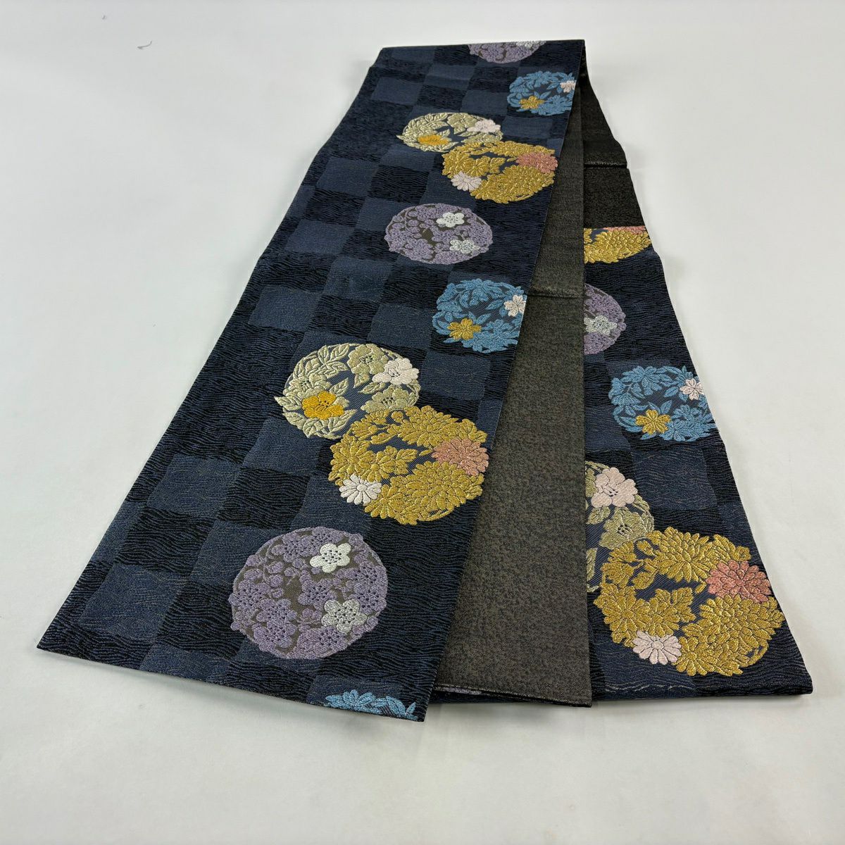 【美品】 袋帶 秀品級 花丸紋 市松樹 金銀線 金金箔 青紫 六通 純蠶絲