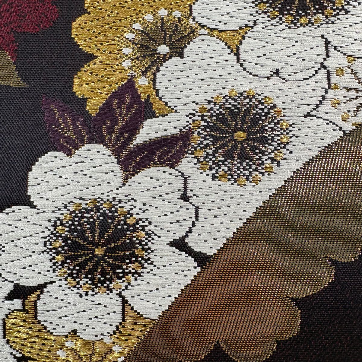 【美品】 袋帶 秀品級櫻花花瓣金銀線金金箔焦茶 六通純蠶絲