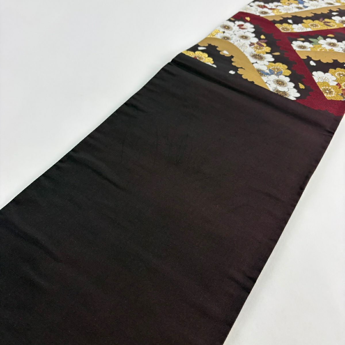 【美品】 袋帶 秀品級櫻花花瓣金銀線金金箔焦茶 六通純蠶絲