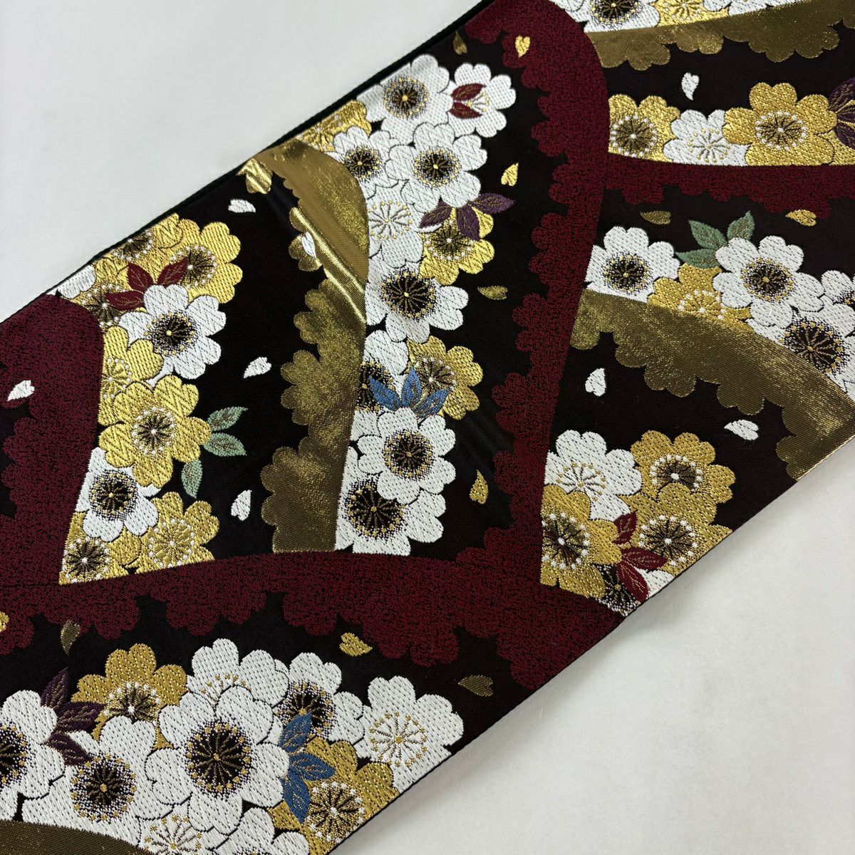 【美品】 袋帶 秀品級櫻花花瓣金銀線金金箔焦茶 六通純蠶絲