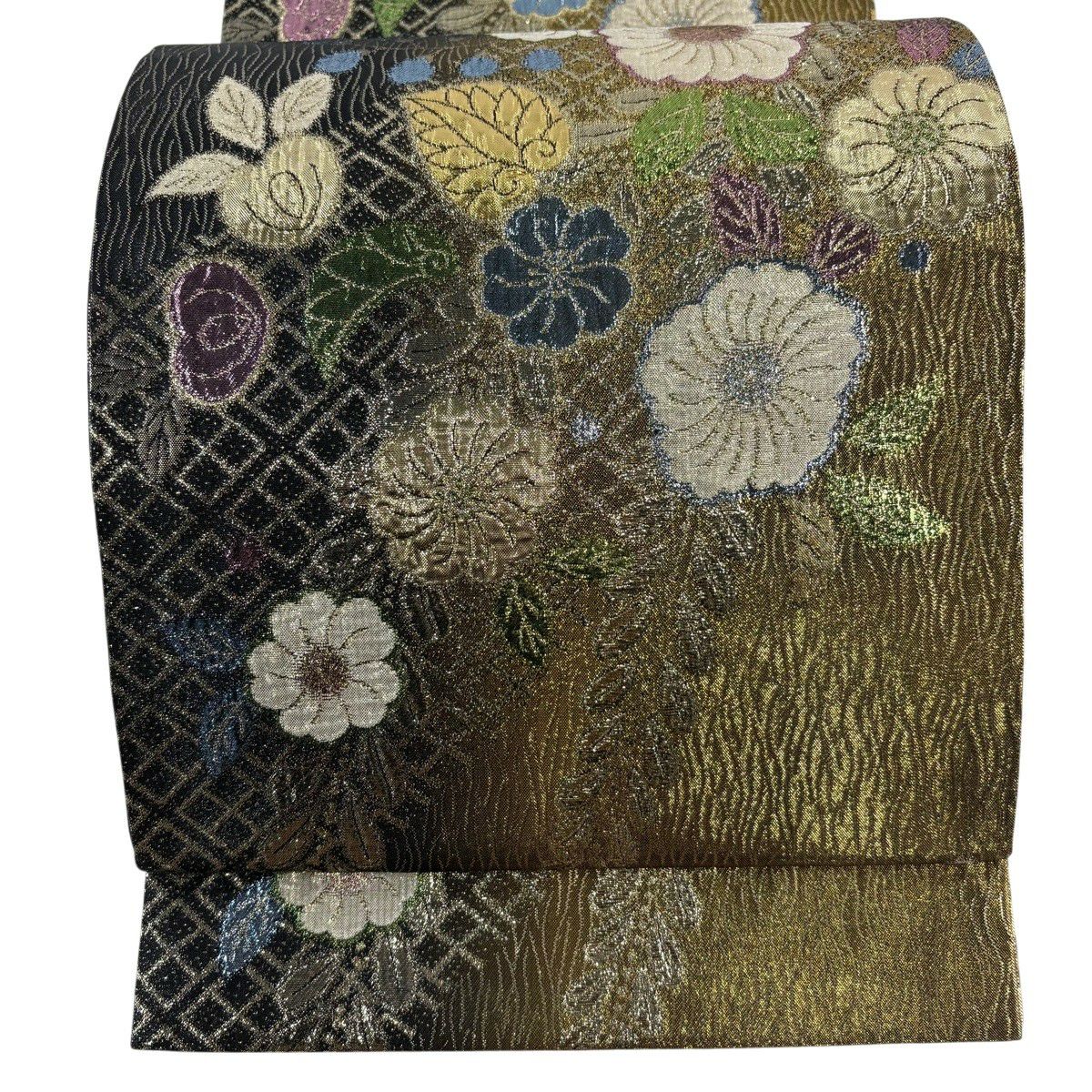 【美品】 袋帶 秀品級 草花紋紋 菱形 金金箔 金色 六通 純蠶絲