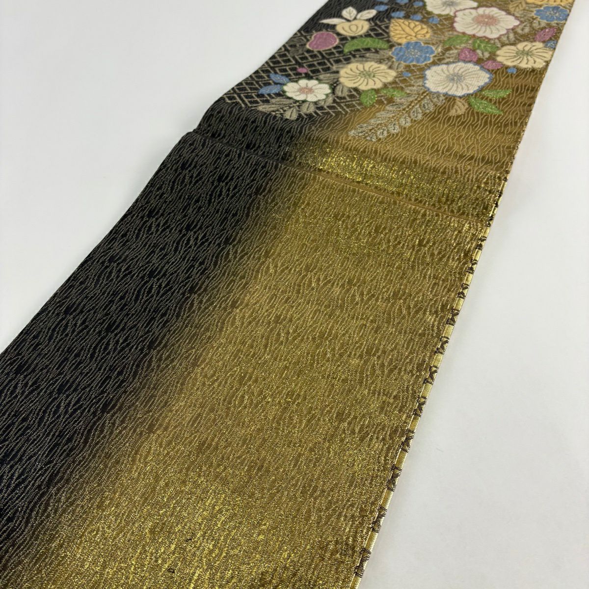 【美品】 袋帶 秀品級 草花紋紋 菱形 金金箔 金色 六通 純蠶絲