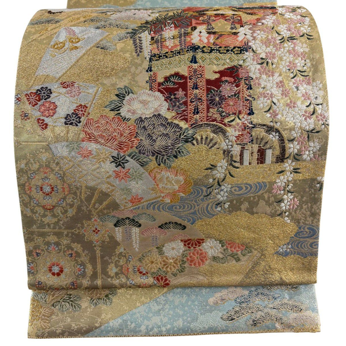 【美品】 袋帶 秀品級 山鉾 扇子 金銀彩 金金箔 金色 大鼓圖案 純蠶絲