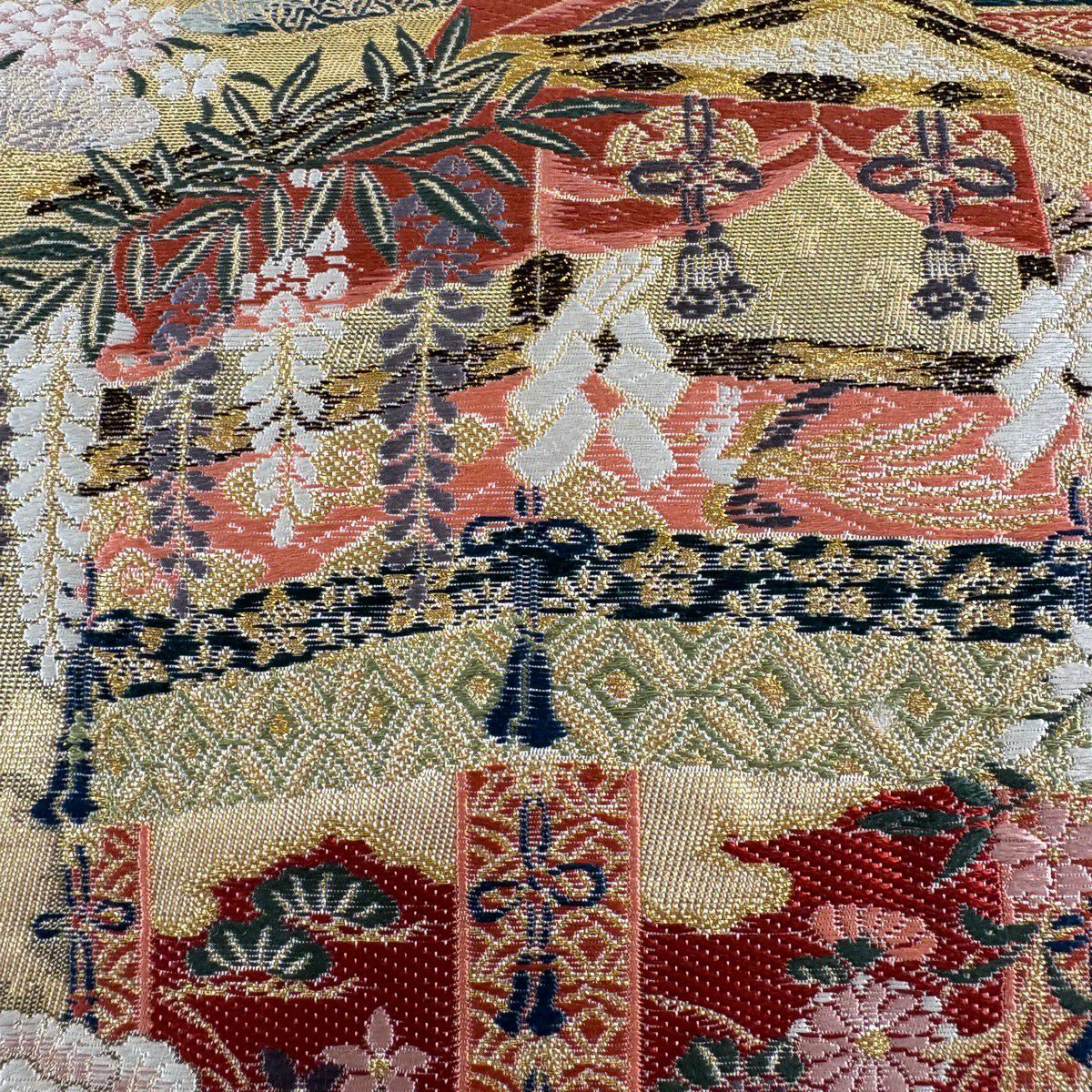 【美品】 袋帶 秀品級 山鉾 扇子 金銀彩 金金箔 金色 大鼓圖案 純蠶絲