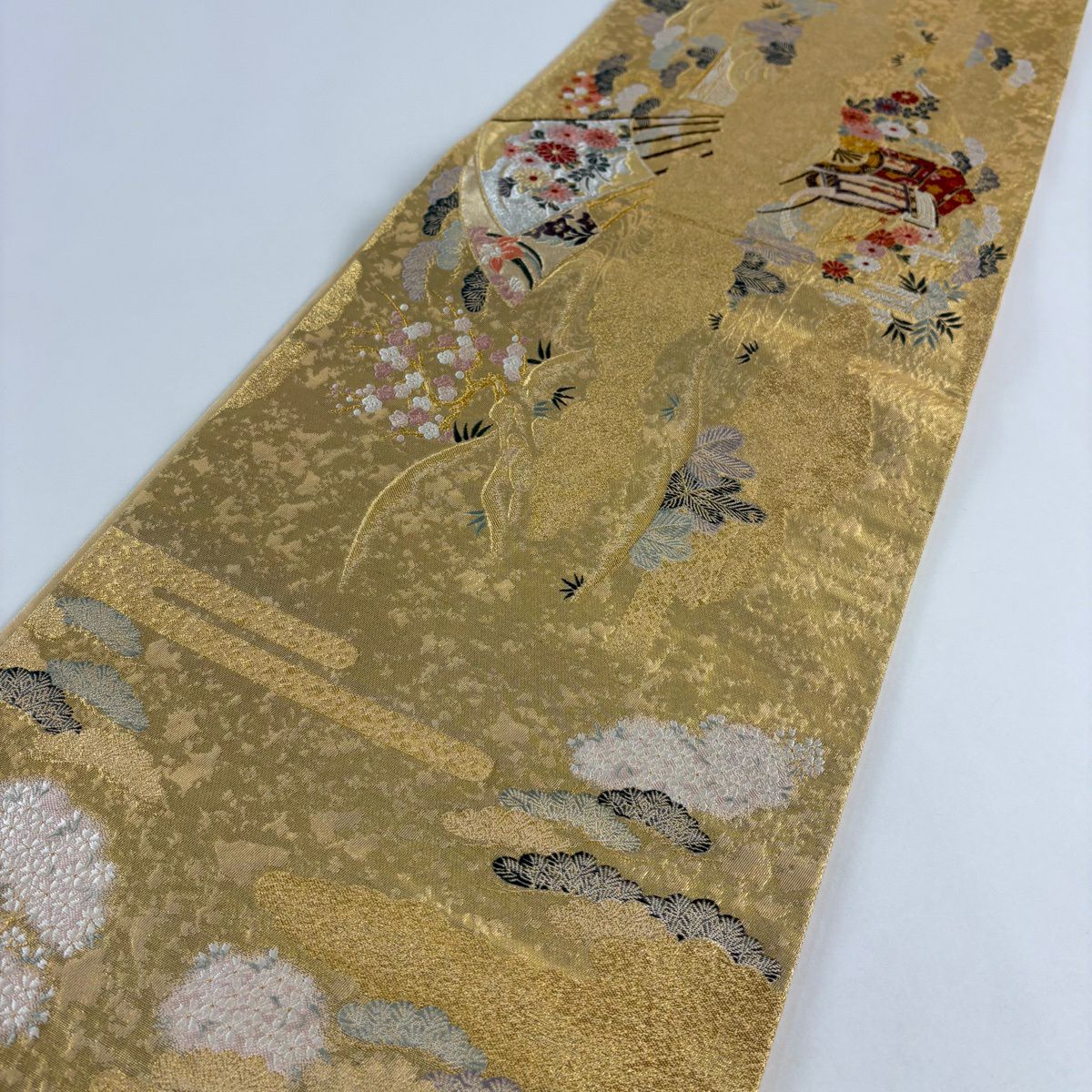 【美品】 袋帶 秀品級 山鉾 扇子 金銀彩 金金箔 金色 大鼓圖案 純蠶絲