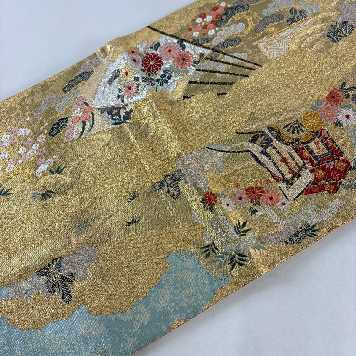 【美品】 袋帶 秀品級 山鉾 扇子 金銀彩 金金箔 金色 大鼓圖案 純蠶絲