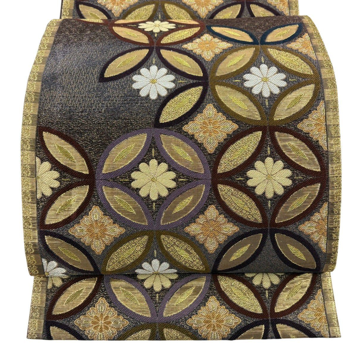 【美品】 袋帶 秀品級 夢壽 七寶紋 花 金絲 金金箔 紫 六通 純蠶絲