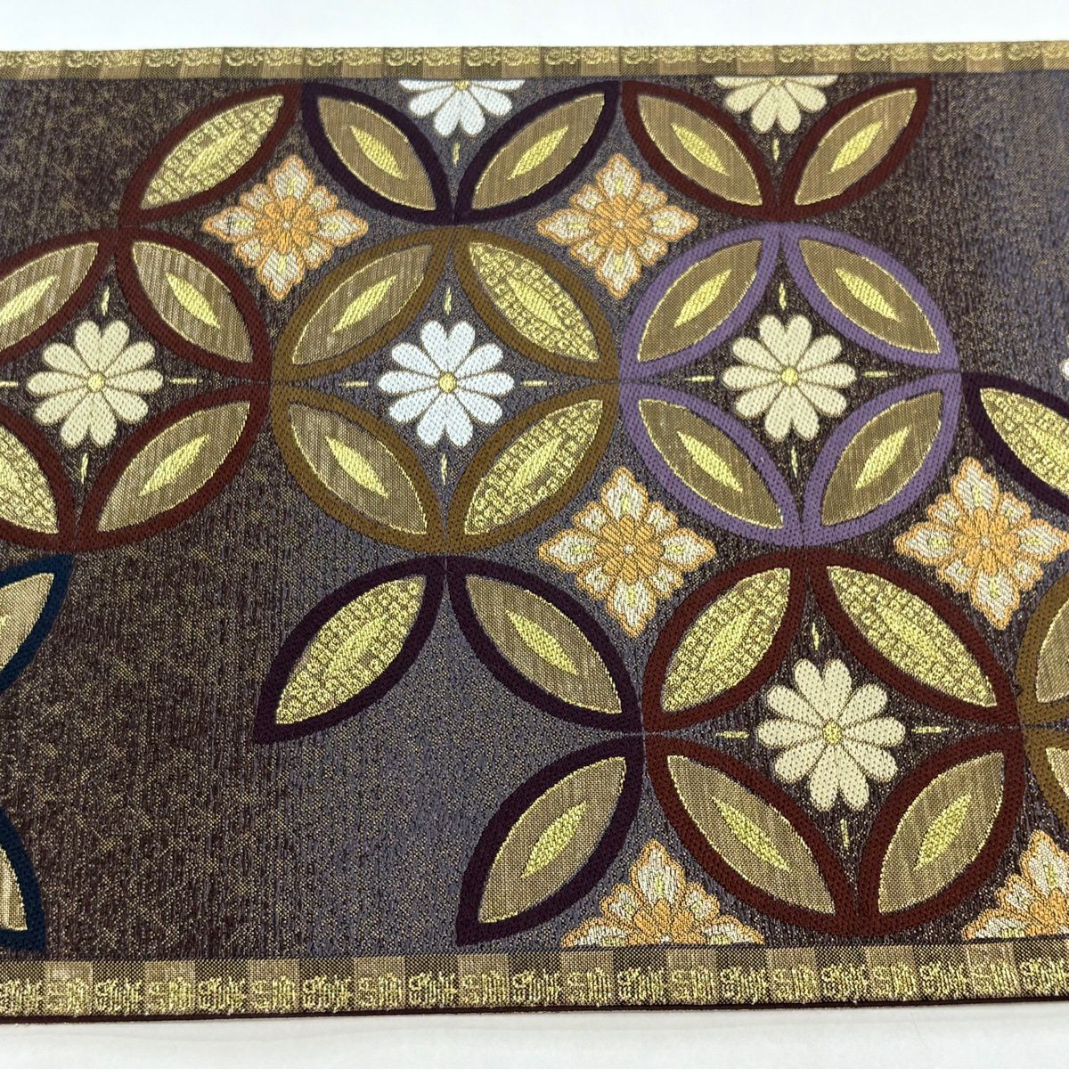 【美品】 袋帶 秀品級 夢壽 七寶紋 花 金絲 金金箔 紫 六通 純蠶絲
