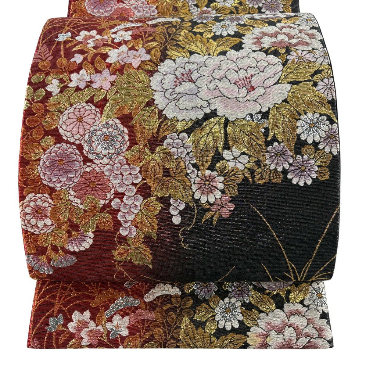 【美品】 袋帶 秀品級 牡丹 秋草 金絲 金金箔 紅 六通 純蠶絲