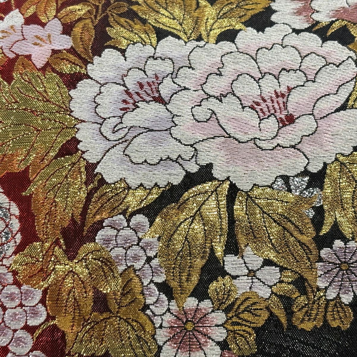 【美品】 袋帶 秀品級 牡丹 秋草 金絲 金金箔 紅 六通 純蠶絲