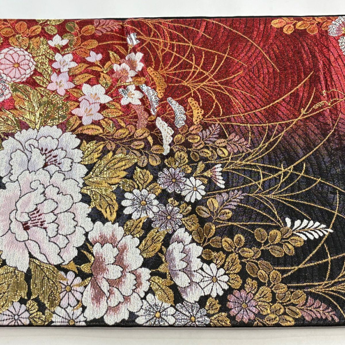 【美品】 袋帶 秀品級 牡丹 秋草 金絲 金金箔 紅 六通 純蠶絲