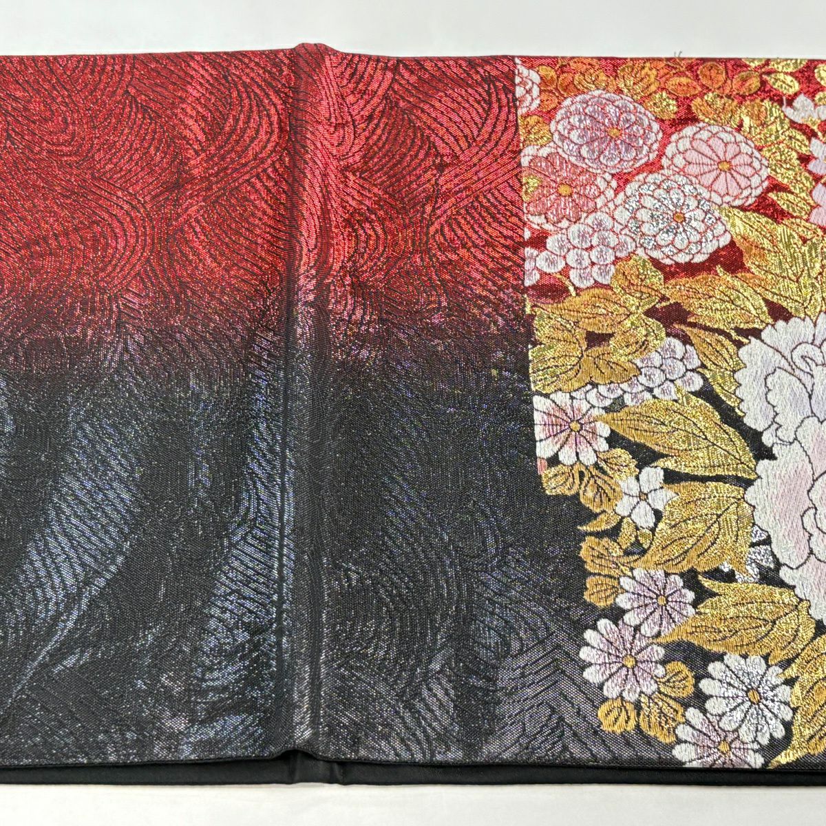 【美品】 袋帶 秀品級 牡丹 秋草 金絲 金金箔 紅 六通 純蠶絲