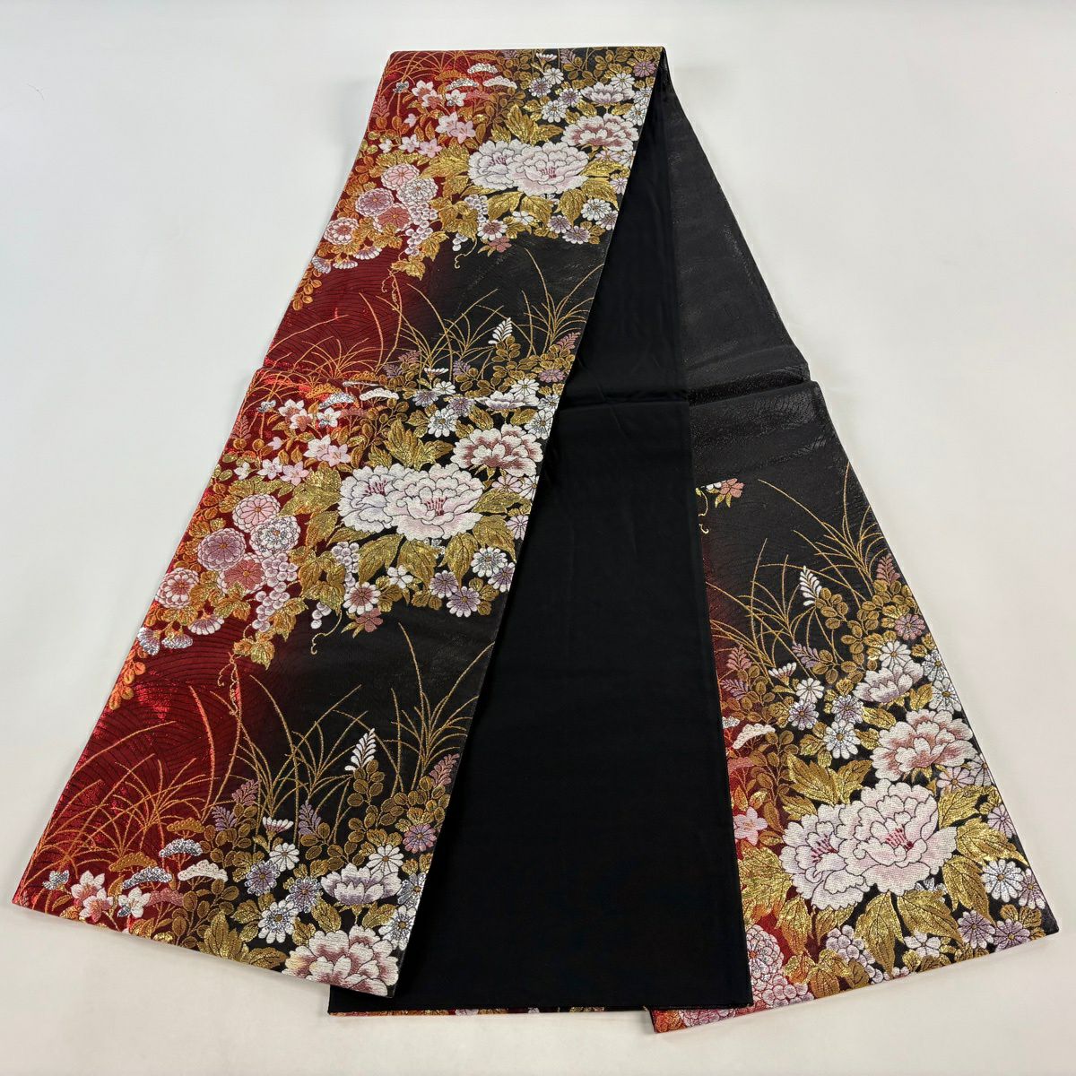 【美品】 袋帶 秀品級 牡丹 秋草 金絲 金金箔 紅 六通 純蠶絲