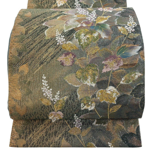 【美品】 袋帶 優品級 草花紋紋 幾何學 金絲 金金箔 灰綠 六通 純蠶絲