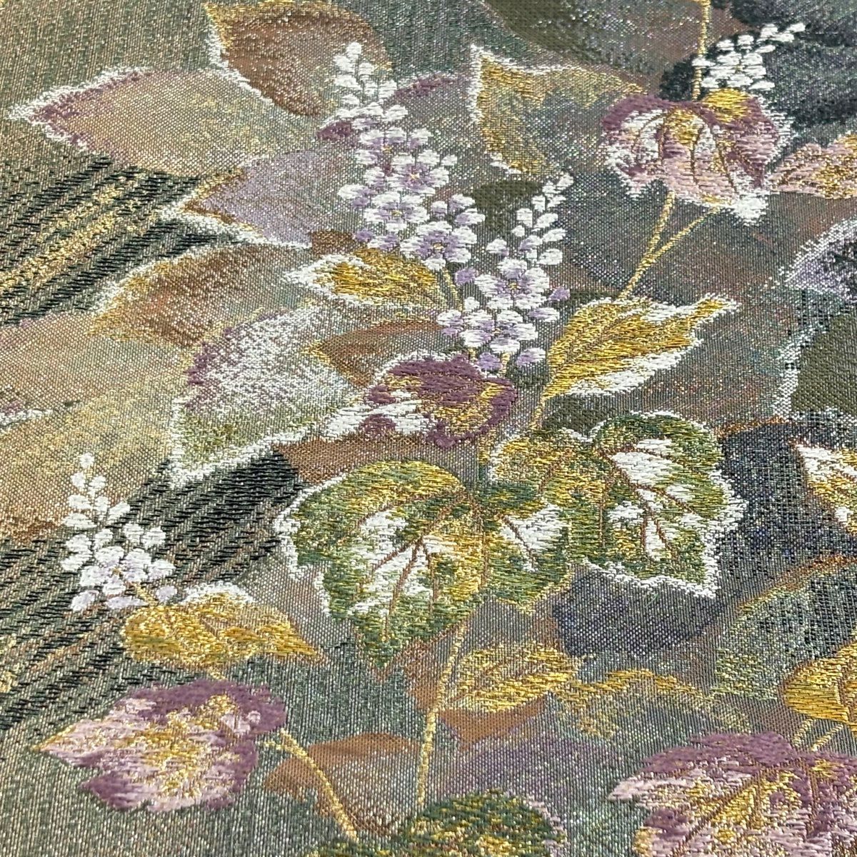 【美品】 袋帶 優品級 草花紋紋 幾何學 金絲 金金箔 灰綠 六通 純蠶絲