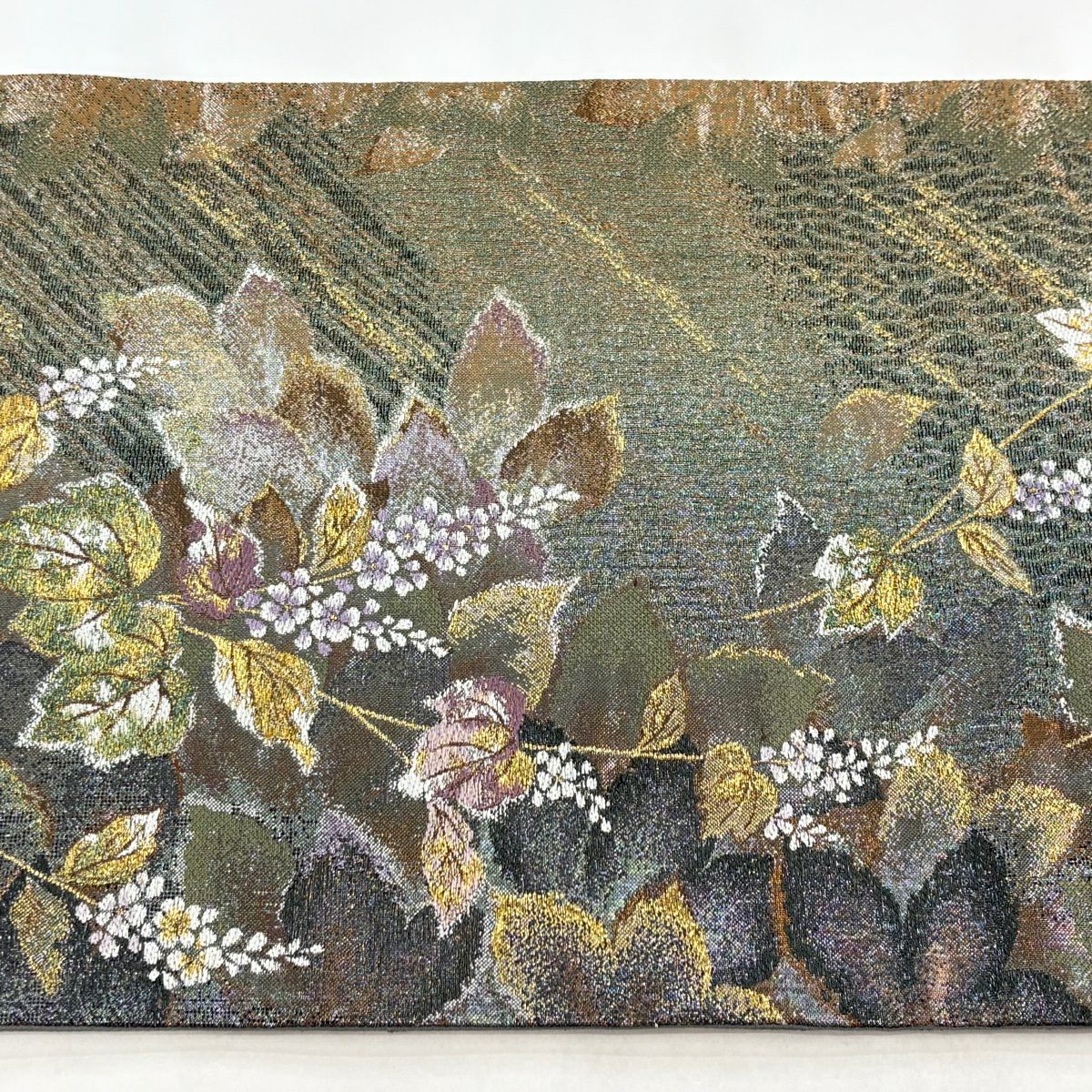 【美品】 袋帶 優品級 草花紋紋 幾何學 金絲 金金箔 灰綠 六通 純蠶絲