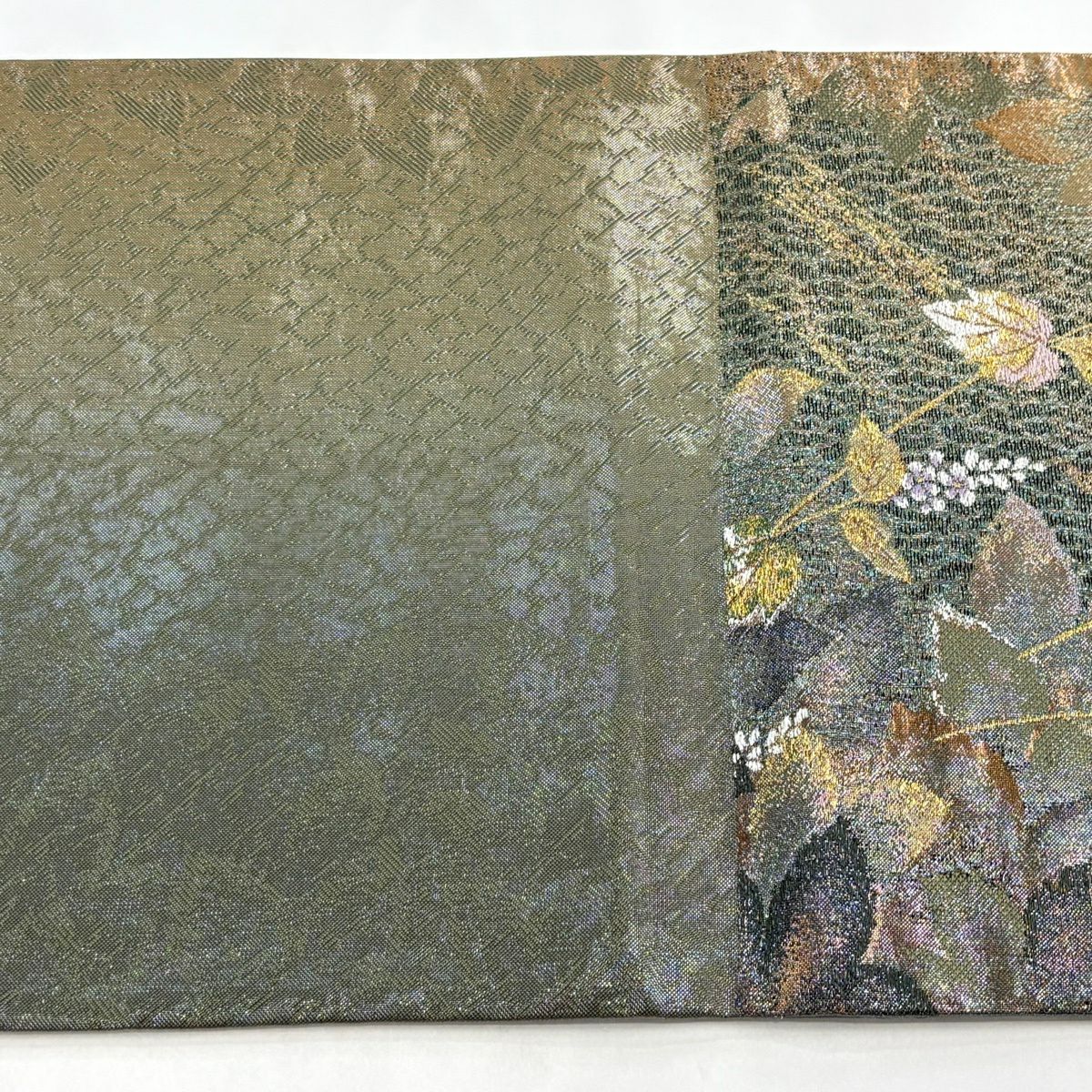 【美品】 袋帶 優品級 草花紋紋 幾何學 金絲 金金箔 灰綠 六通 純蠶絲