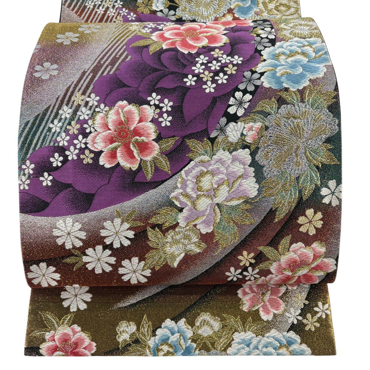 【美品】 袋帶 秀品級 振袖禮服禮服用 草花紋紋 幾何學 唐織 金絲 紫色 六通 純蠶絲