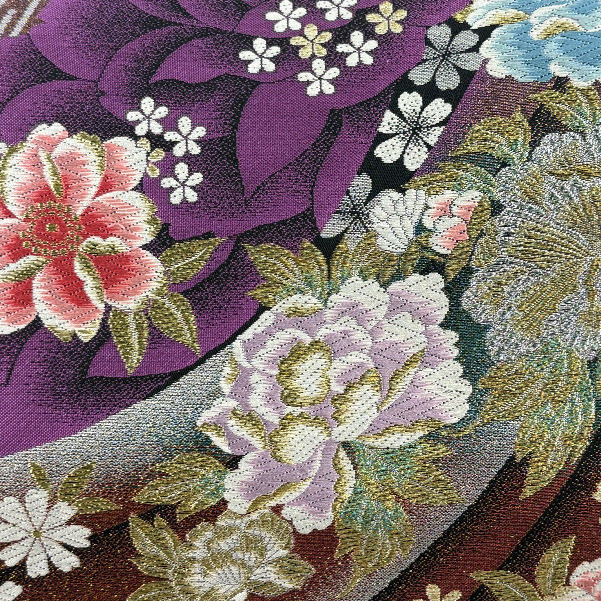【美品】 袋帶 秀品級 振袖禮服禮服用 草花紋紋 幾何學 唐織 金絲 紫色 六通 純蠶絲