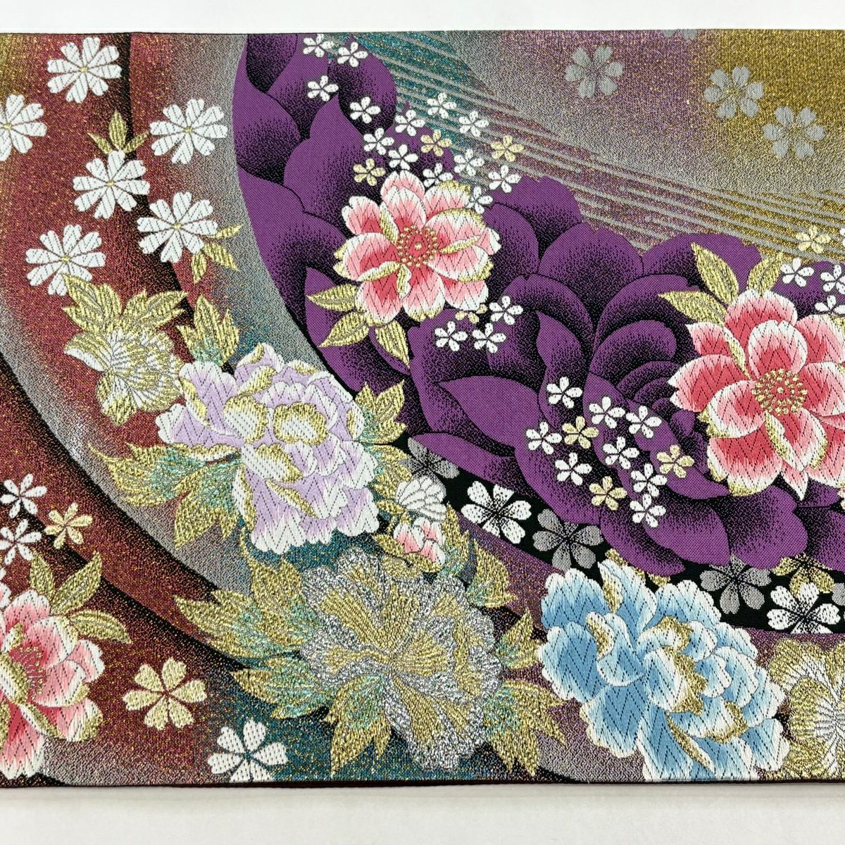 【美品】 袋帶 秀品級 振袖禮服禮服用 草花紋紋 幾何學 唐織 金絲 紫色 六通 純蠶絲