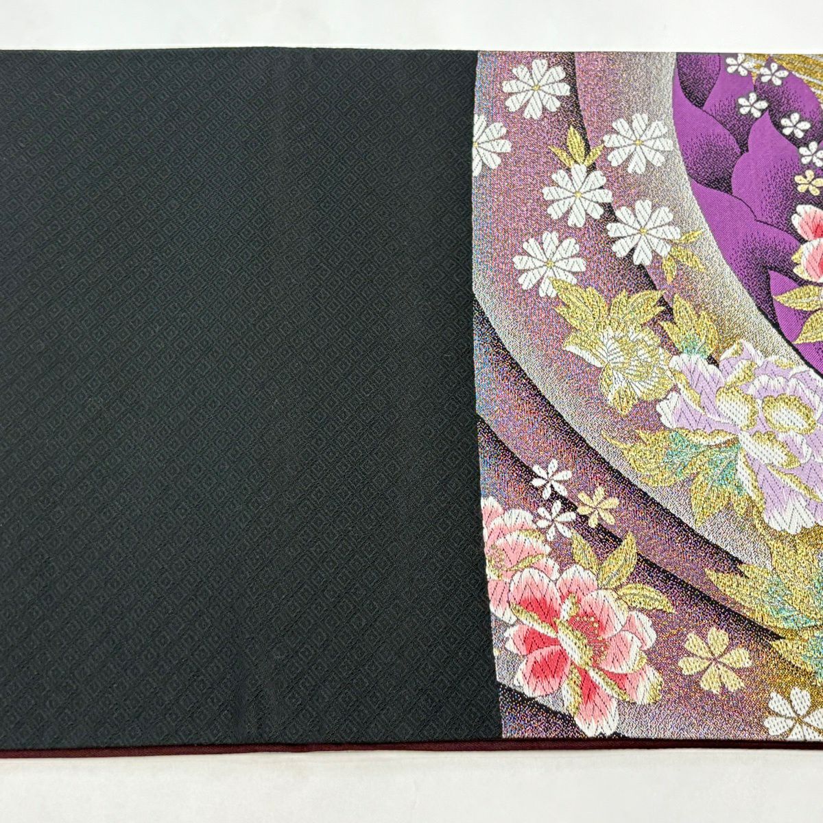 【美品】 袋帶 秀品級 振袖禮服禮服用 草花紋紋 幾何學 唐織 金絲 紫色 六通 純蠶絲