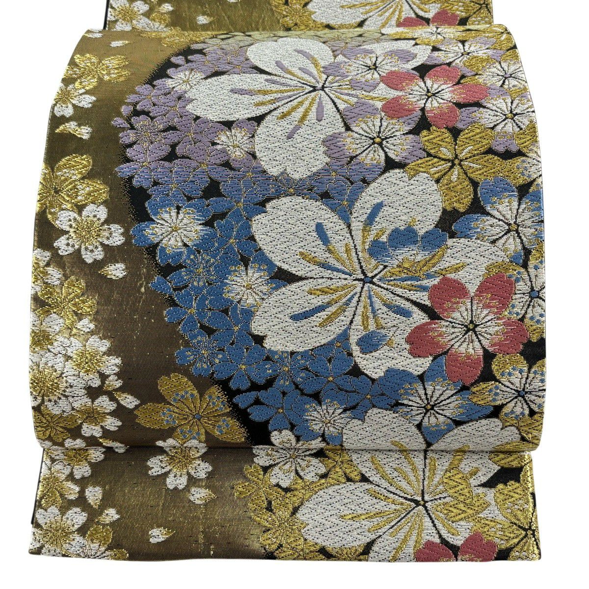 袋帶 秀品級 振袖禮服禮服用 櫻花 流水 唐織 金絲 金色 六通 純蠶絲