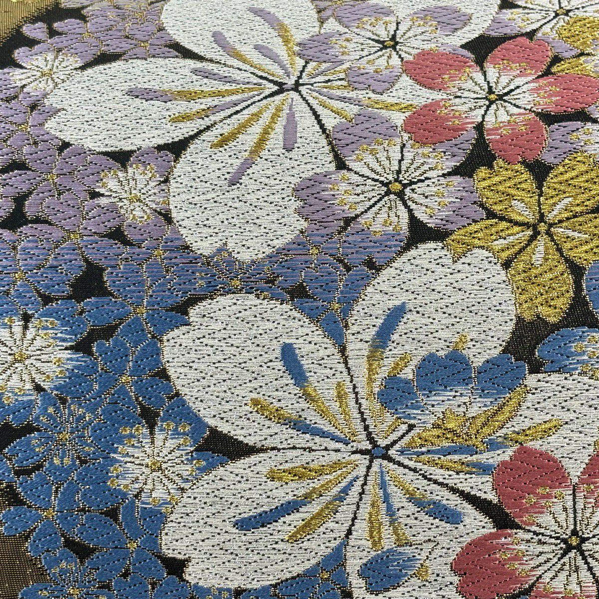 袋帶 秀品級 振袖禮服禮服用 櫻花 流水 唐織 金絲 金色 六通 純蠶絲