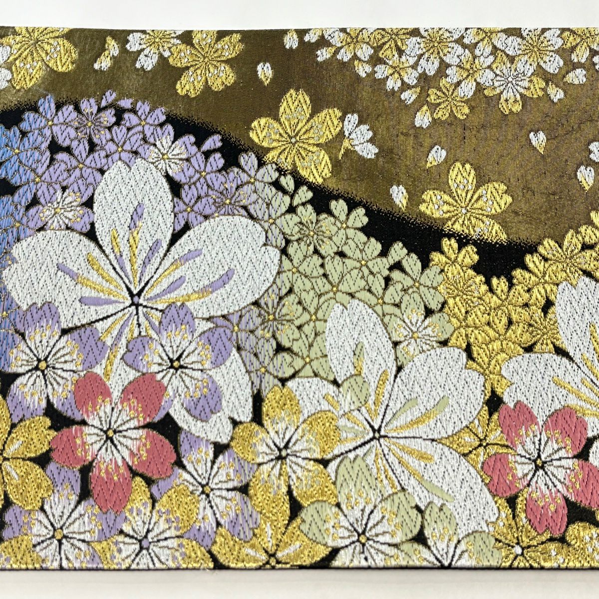 袋帶 秀品級 振袖禮服禮服用 櫻花 流水 唐織 金絲 金色 六通 純蠶絲