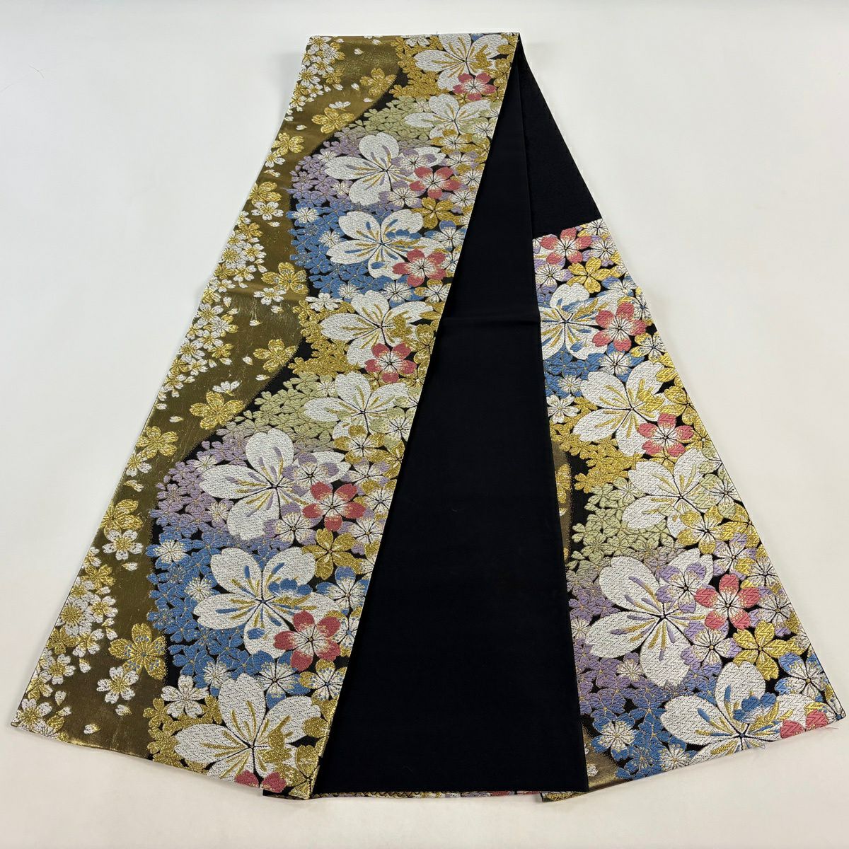 袋帶 秀品級 振袖禮服禮服用 櫻花 流水 唐織 金絲 金色 六通 純蠶絲